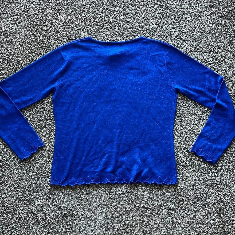 Vintage Sparkly Blouse Womens Medium Blue Scalloped Long Sleeve Holiday Fairy - Picture 4 of 6